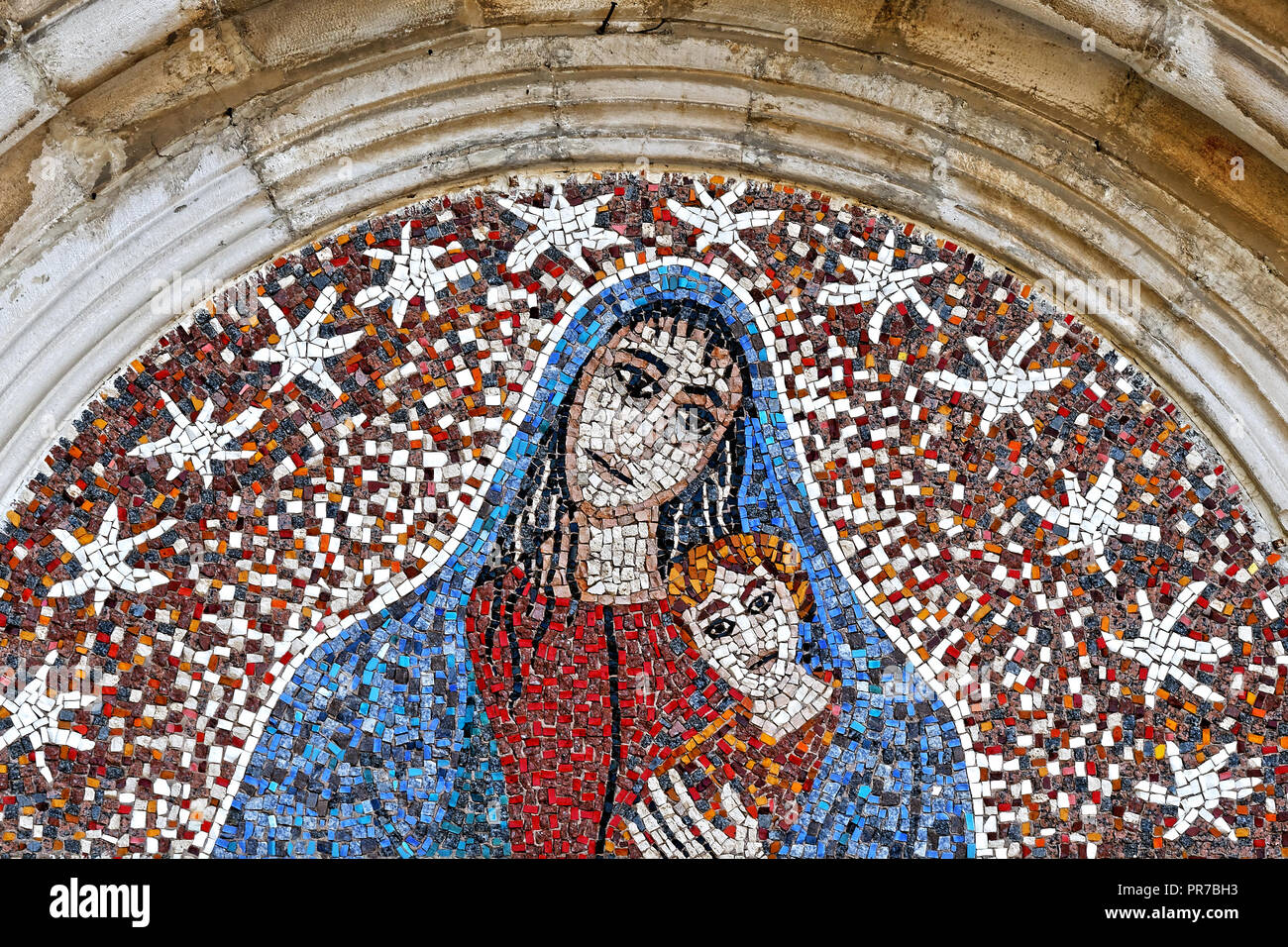 Maria and Jesus Kid Mosaic exterior at Ceccano Italy church Stock Photo