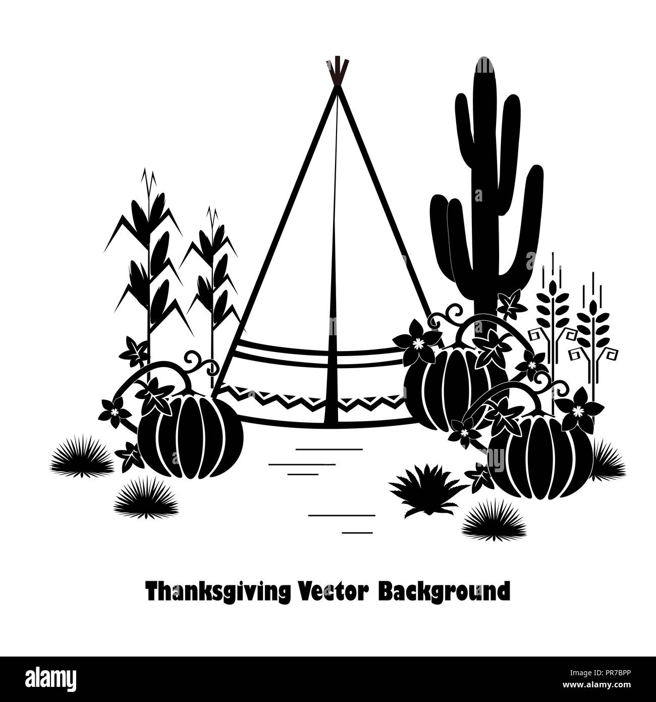 Indian theme graphic illustration set for Thanksgiving Day. Tepee, pumpkins, wheat, and corn. Stock Vector
