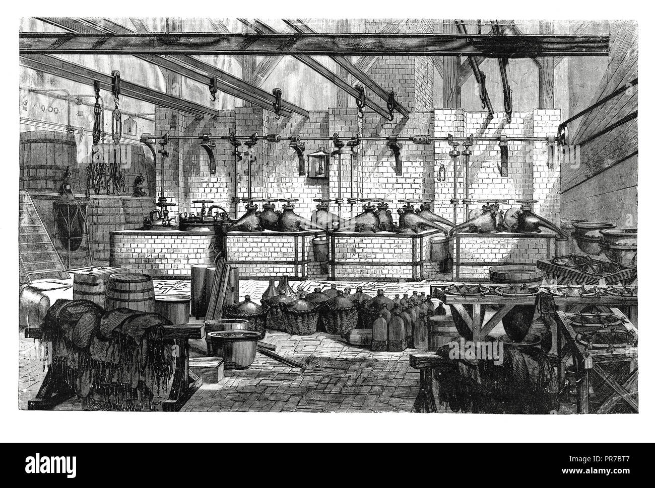 19th century illustration of a workshop for blue dyes and pigments. Published in The Practical Magazine, an Illustrated Cyclopedia of Industrial News Stock Photo