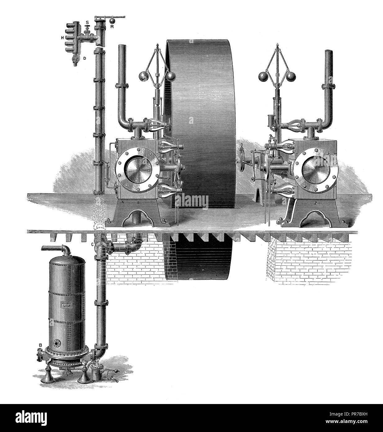 19th century illustration of Berryman apparatus as factory heater. Invented by the American Robert Berryman in the late 19th century. Published in 'Th Stock Photo
