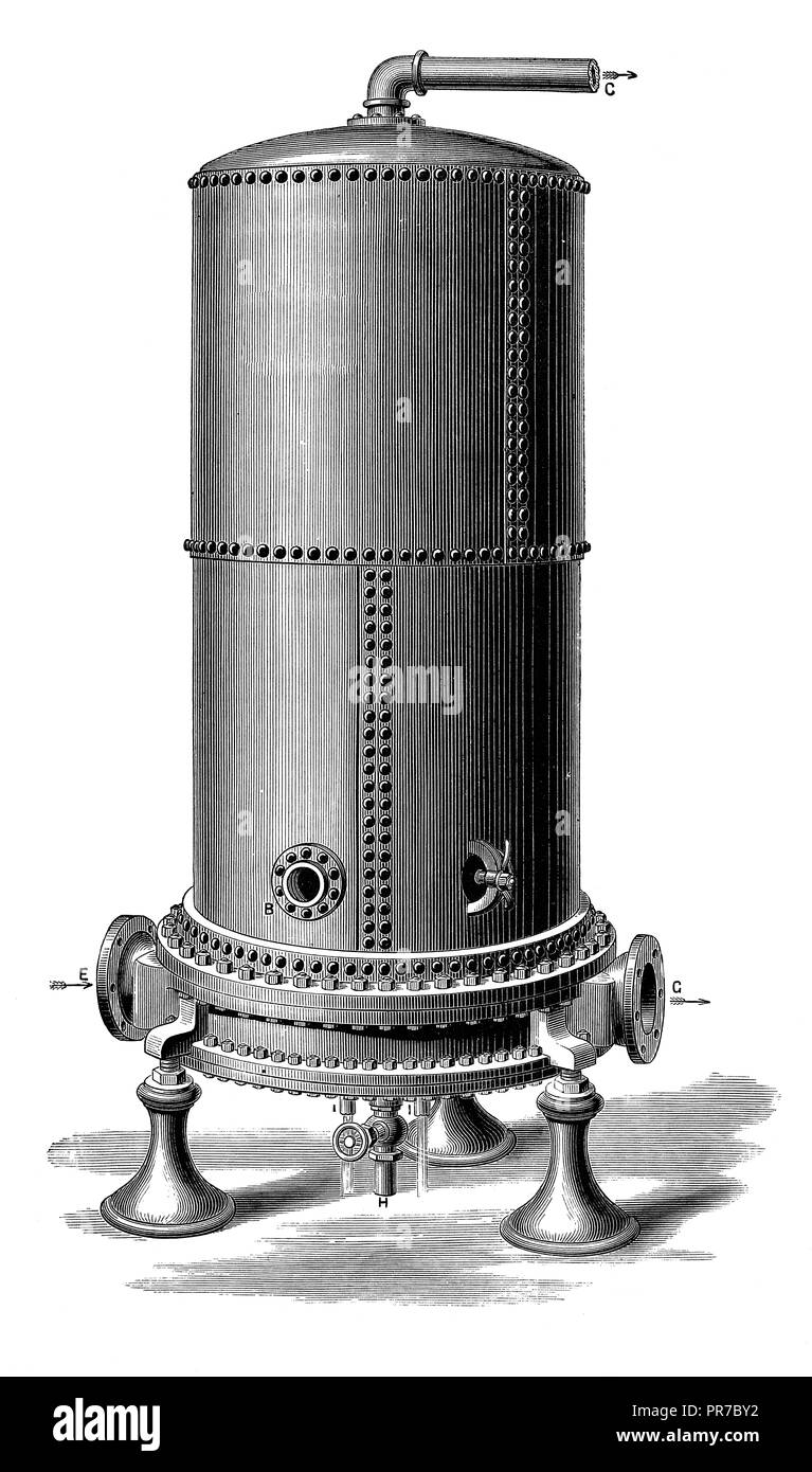19th century illustration of Berryman's heater - exterior. Invented by the American Robert Berryman in the late 19th century. Published in 'The Practi Stock Photo