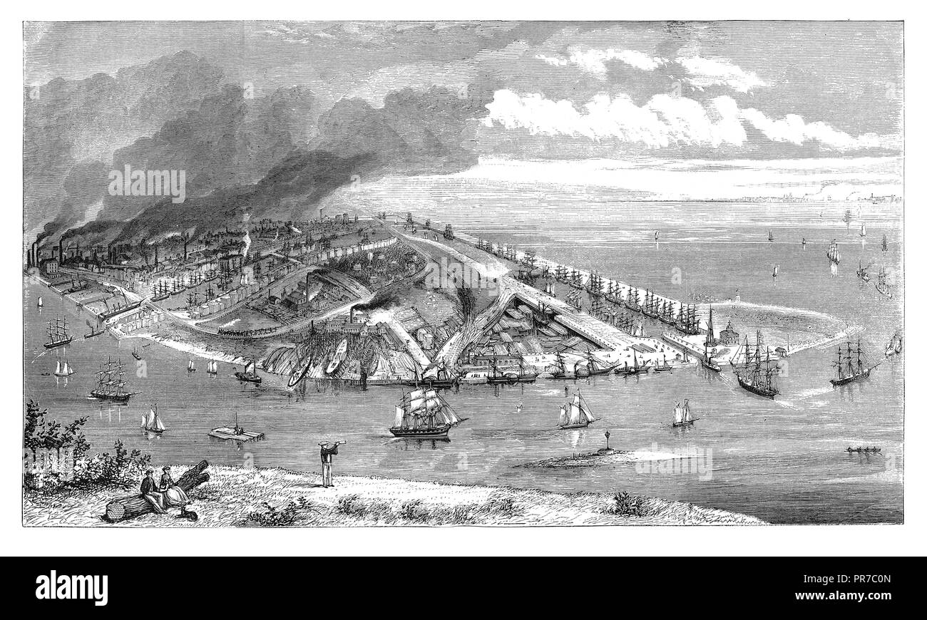 19th century illustration of a bird's eye view of Barrow-in-Furness, Cumbria, England. Published in 'The Practical Magazine, an Illustrated Cyclopedia Stock Photo