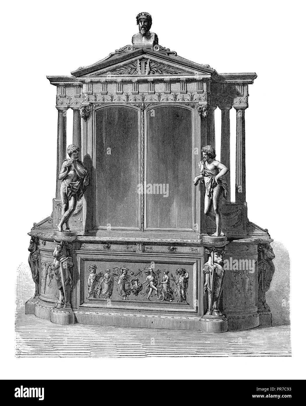 19th century illustration - Gems of industrial art. Walnut wood dining-room piece, in the Greek style. By M. P. Mazaroz-Ribalier. Published in 'The Pr Stock Photo