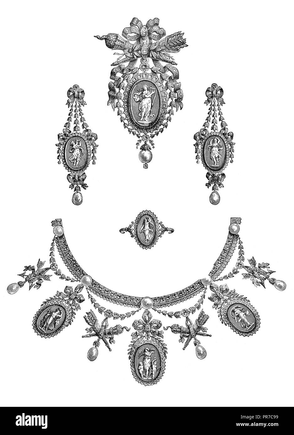 19th century illustration - Gems of industrial art. Parure (Louis XVI.), by Boucheron. Published in 'The Practical Magazine, an Illustrated Cyclopedia Stock Photo