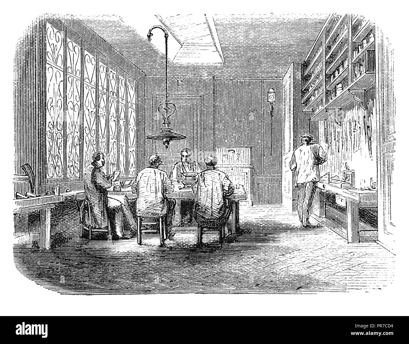 19th century illustration of  making cases in jewellery workshop. Published in 'The Practical Magazine, an Illustrated Cyclopedia of Industrial News,  Stock Photo