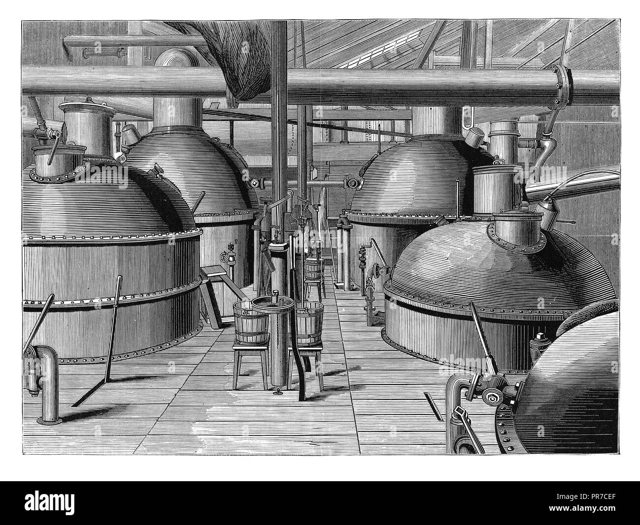 19th century illustration of pans which will boil daily about 400 tons of liquid sugar. Published in 'The Practical Magazine, an Illustrated Cyclopedi Stock Photo