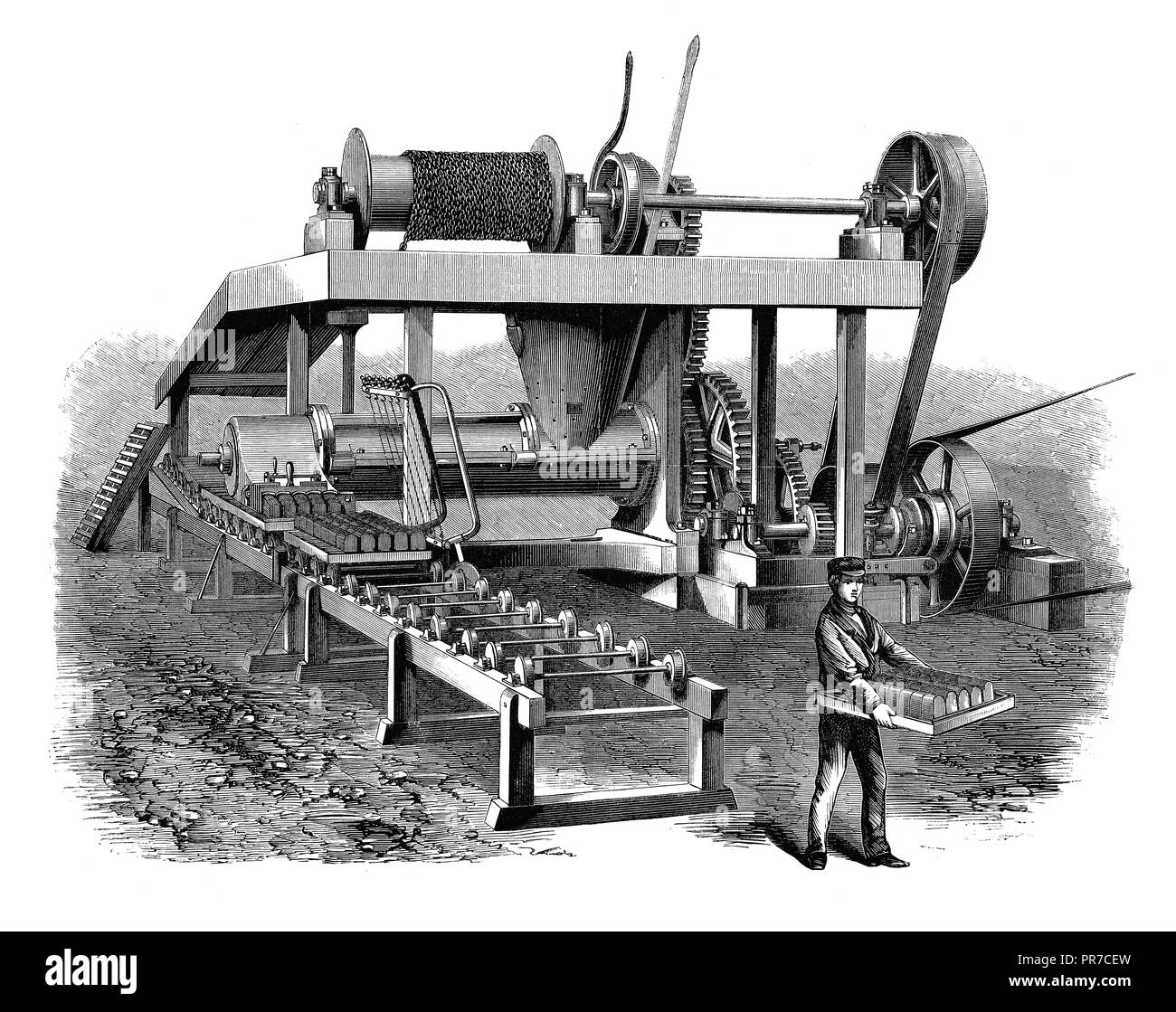 19th century illustration of a peat-compressing machinery. Patented in the late 19th century, and introduced by Messrs. Clayton, Son and Howlett of th Stock Photo