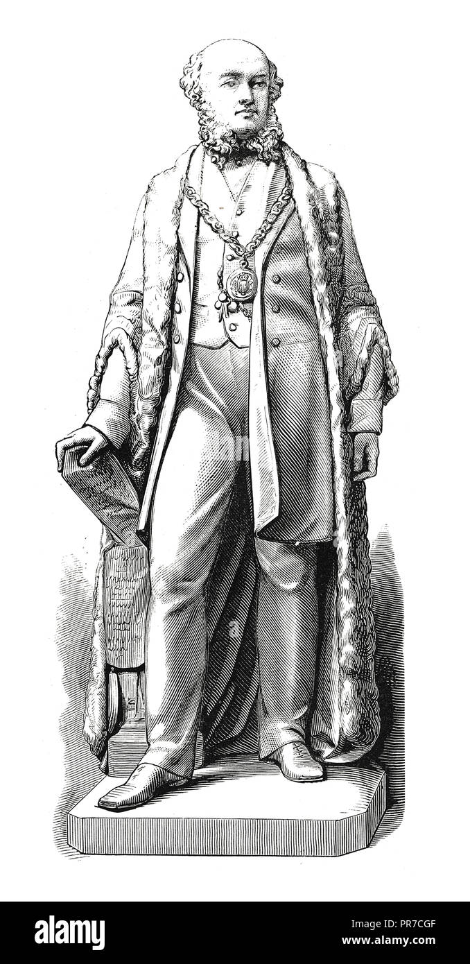 19th century illustration of a statue of Sir James Ramsden.  Sir James Ramsden (1822 – 1896) was a British civil engineer, industrialist, and civic le Stock Photo
