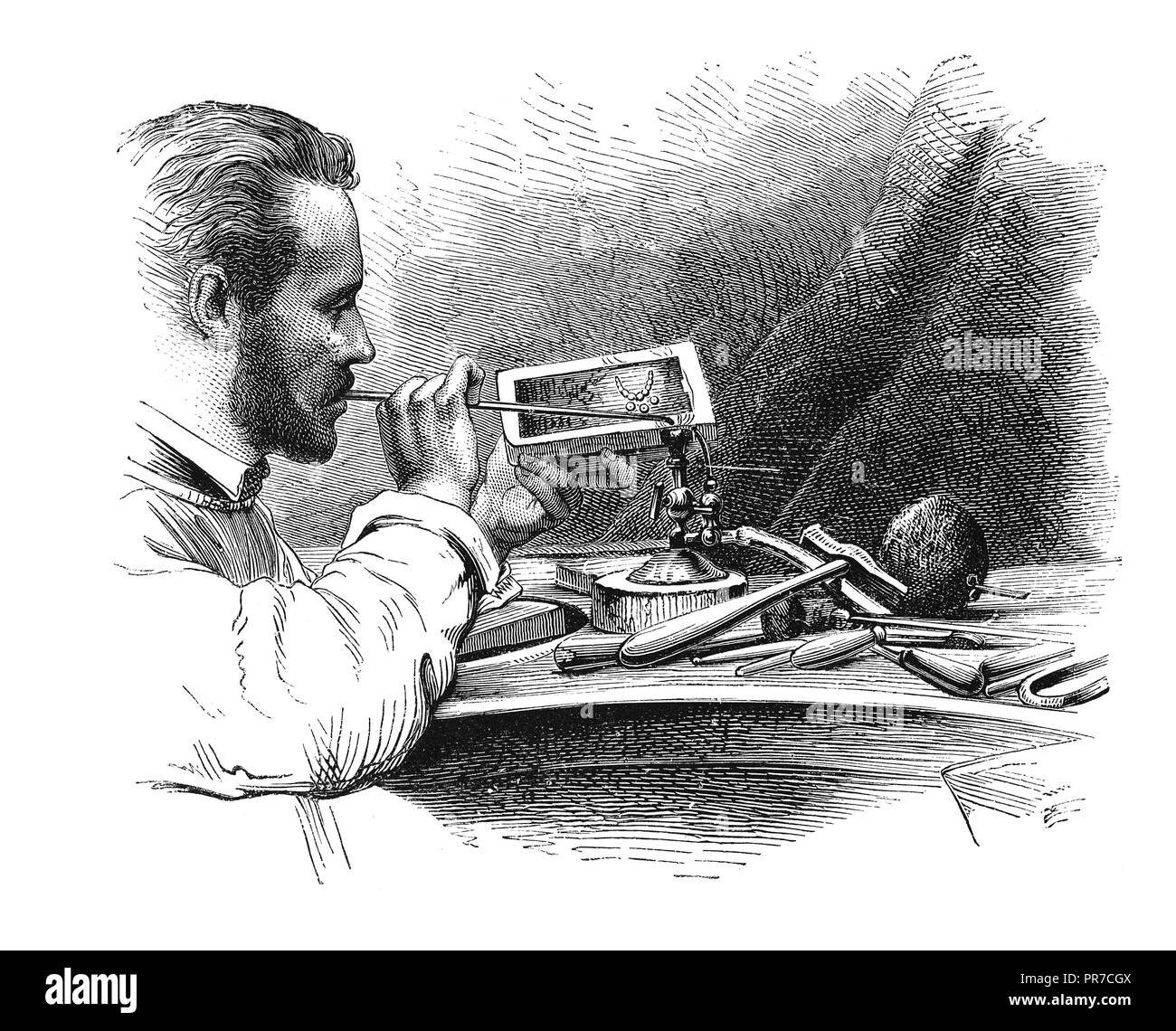 19th century illustration of soldering with the blowpipe - frequent operation in jewel making. Published in 'The Practical Magazine, an Illustrated Cy Stock Photo