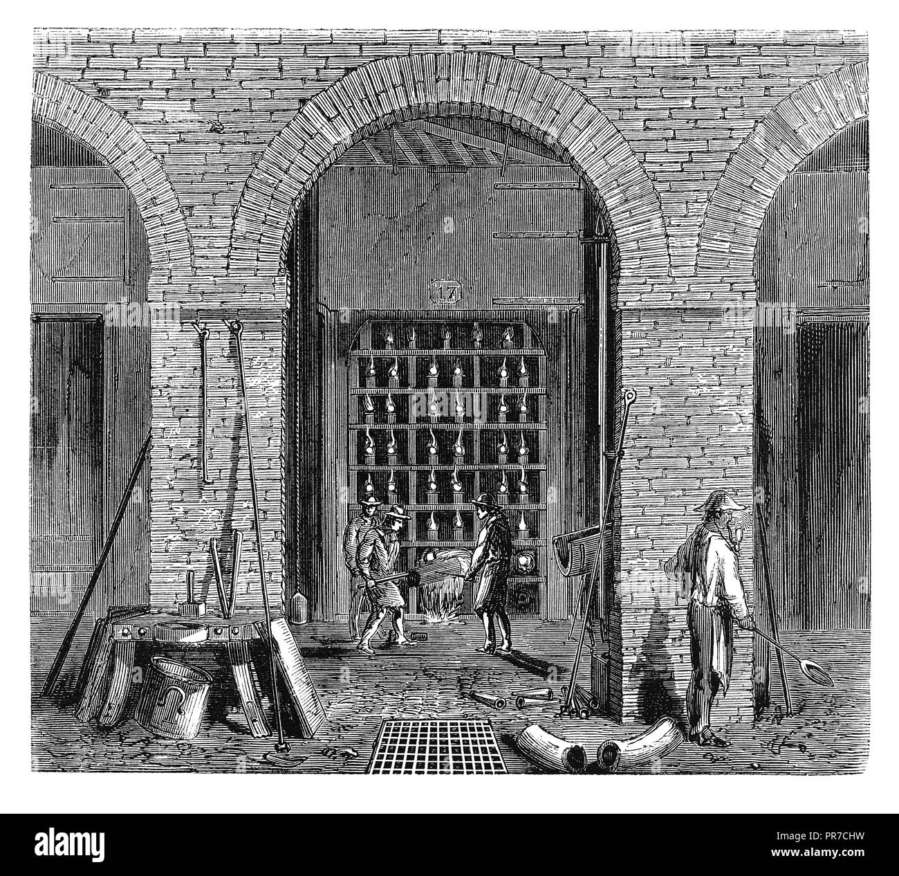 19th century illustration of th3e belgian furnace. Published in 'The Practical Magazine, an Illustrated Cyclopedia of Industrial News, Inventions and  Stock Photo