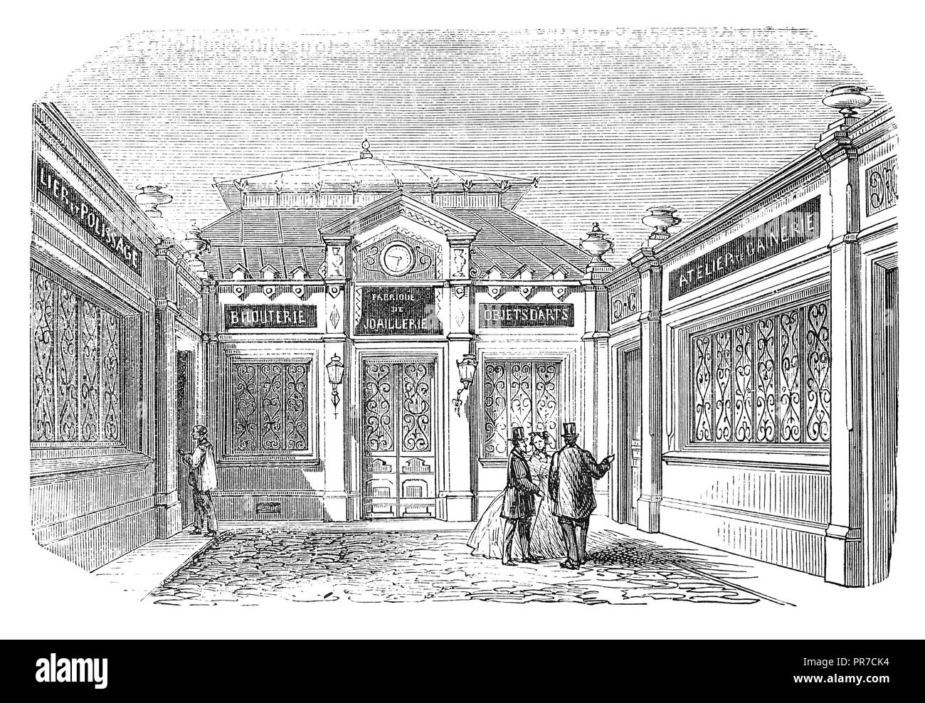 19th century illustration of the entrance to Leon Rouvenat's jewellery factory in Paris, France (c. 19th century). Published in 'The Practical Magazin Stock Photo