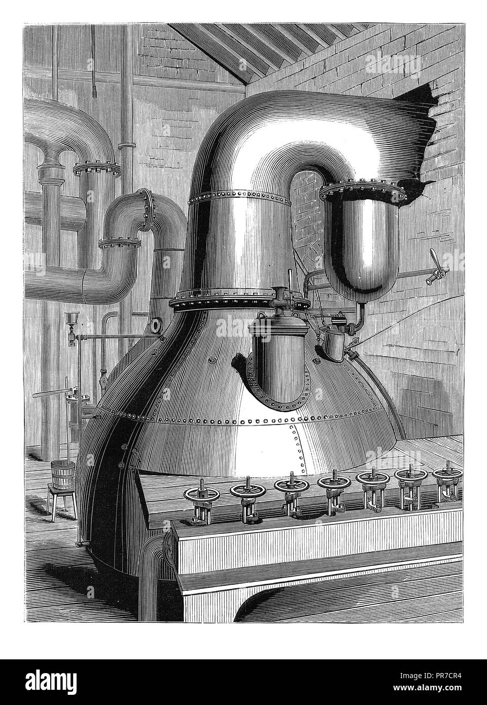 19th century illustration of  Vacuum-pan at Messrs. Finzel's works. Will boil about 300 tons a week.Published in 'The Practical Magazine, an Illustrat Stock Photo