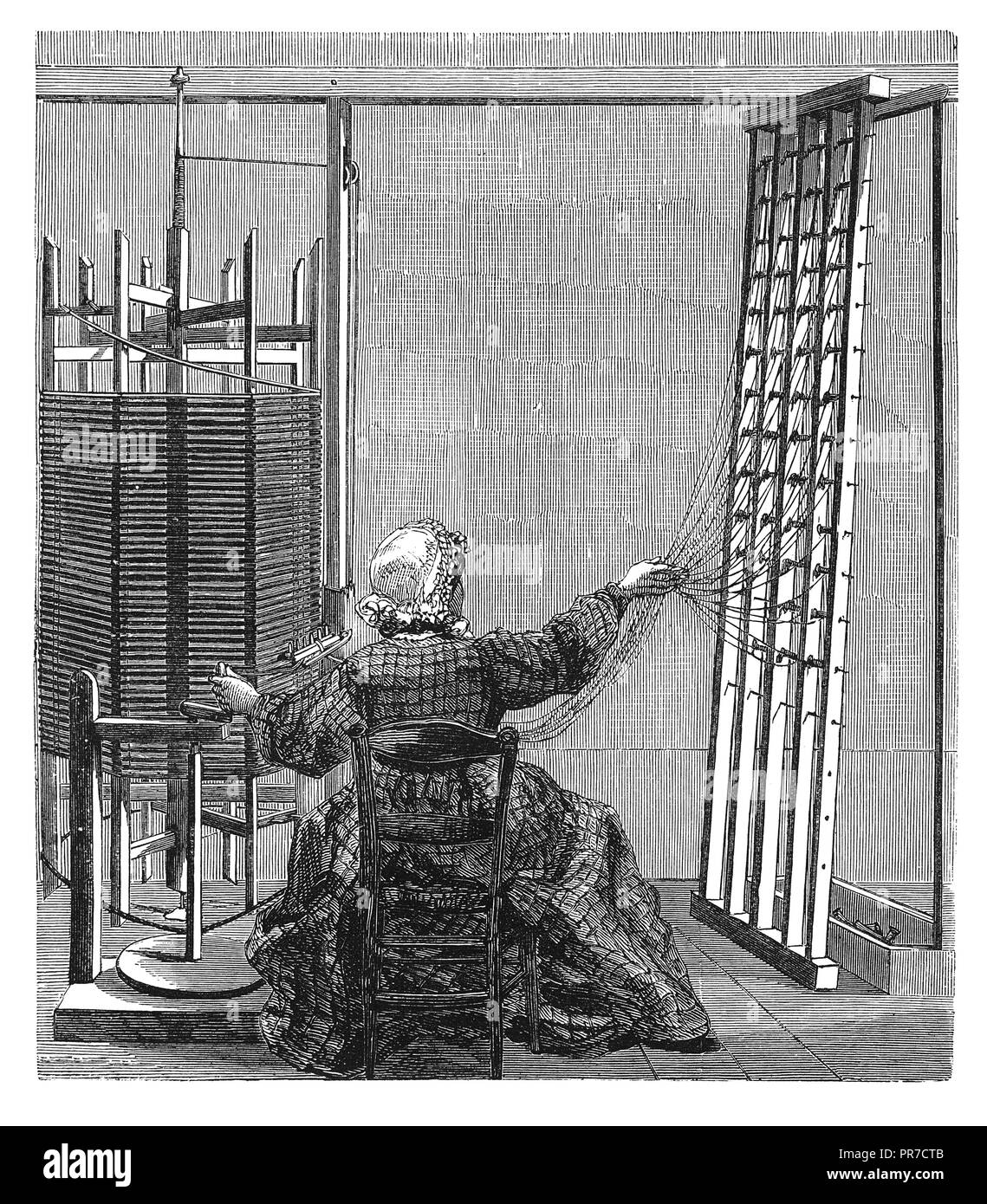19th century illustration of a warping Frame. Published in 'The Practical Magazine, an Illustrated Cyclopedia of Industrial News, Inventions and Impro Stock Photo