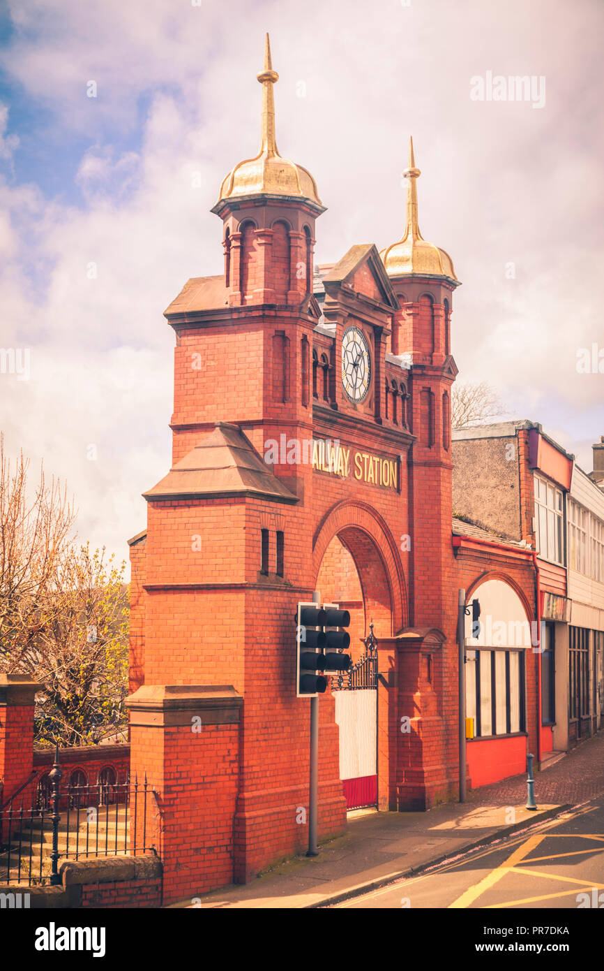 Gate to railway station in Douglas. Douglas, Isle of Man Stock Photo