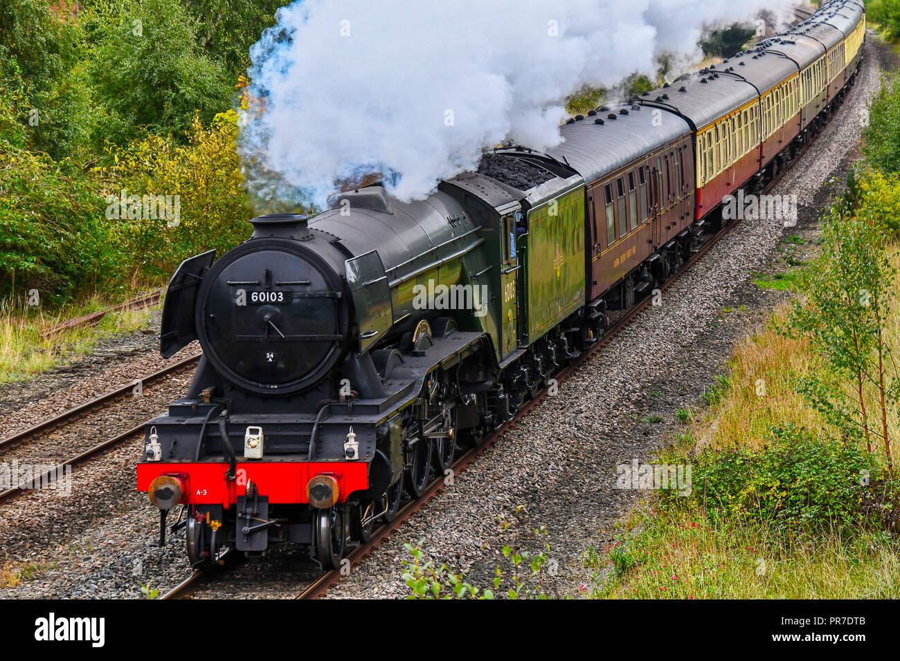 CHESTER, UK - SEPTEMBER 22ND 2018: Flying Scotsman steam train passing through the welsh countryside Stock Photo