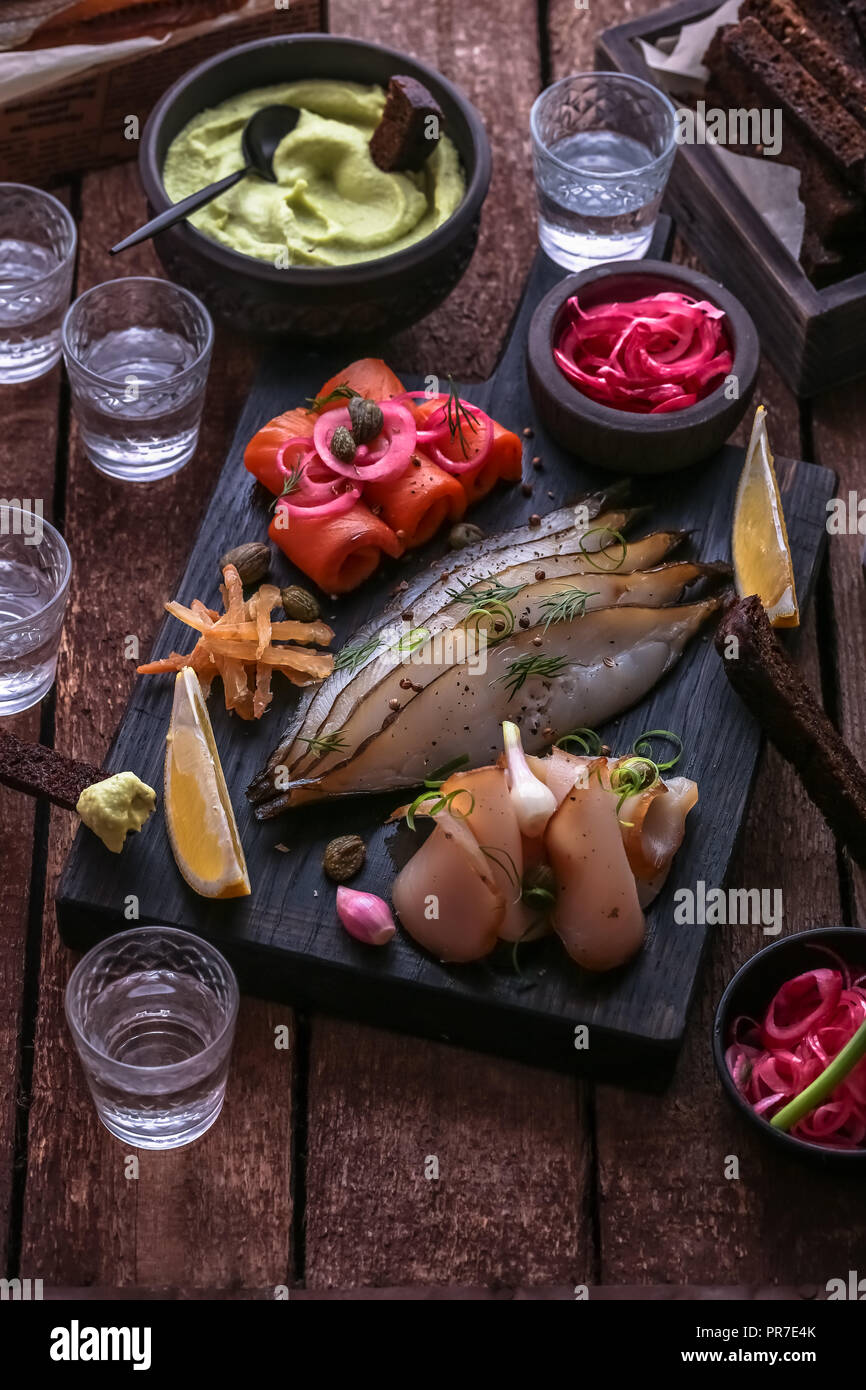 Fish appetizer for vodka shots, close view Stock Photo Alamy