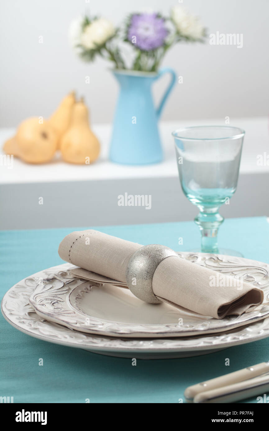 Rustic table setting with beige napkin Stock Photo