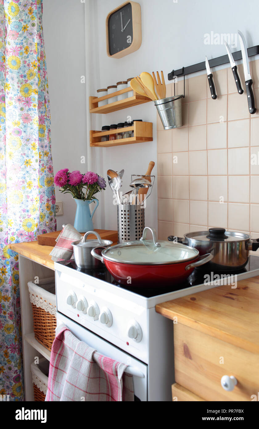 Domestic kitchen interior with stove Stock Photo Alamy