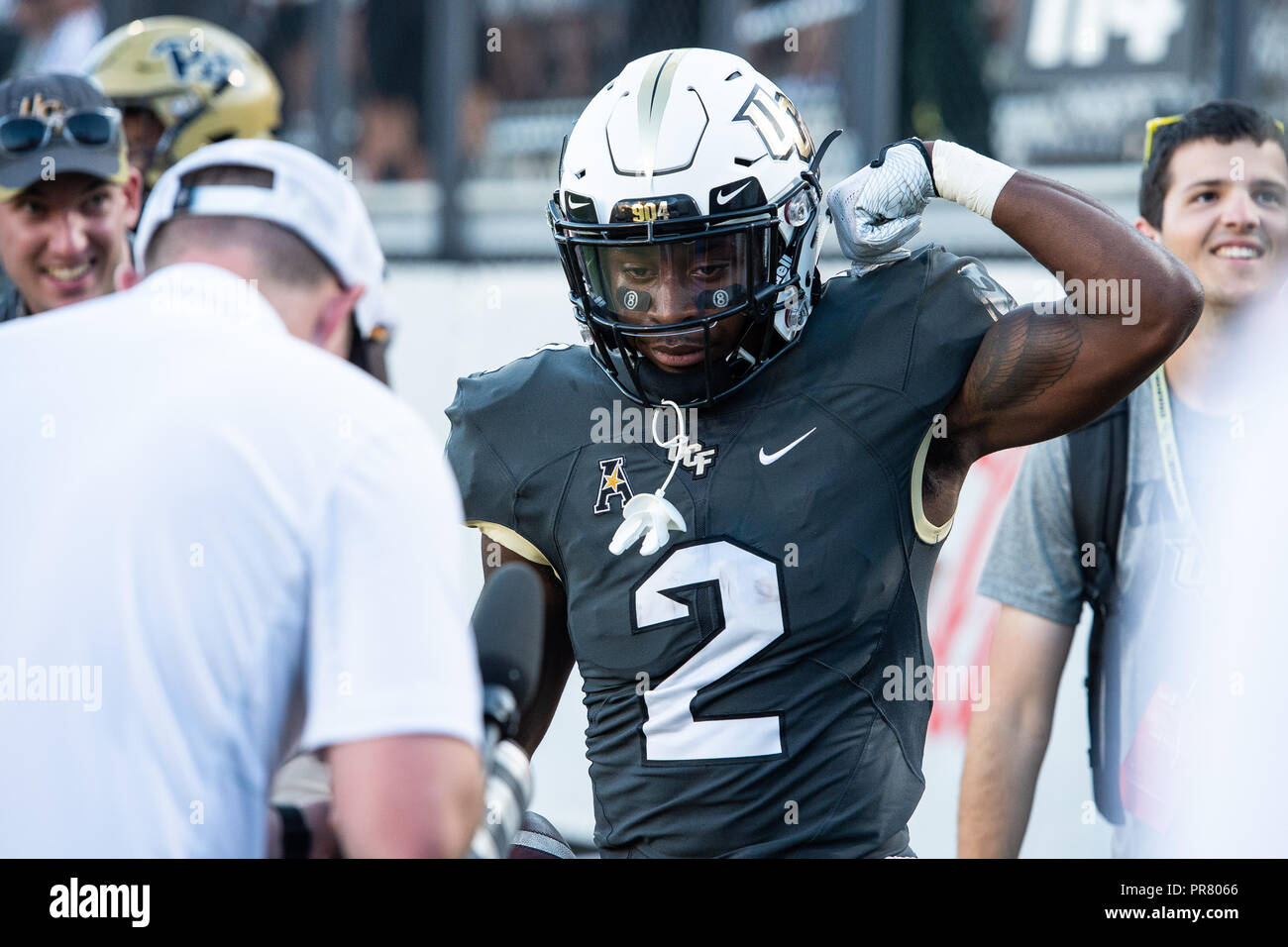 orlando fl usa 29th sep 2018 ucf knights running back otis anderson 2 celebrates for the camera after a touch down catch during 2nd half ncaa football game between the pitt panthers