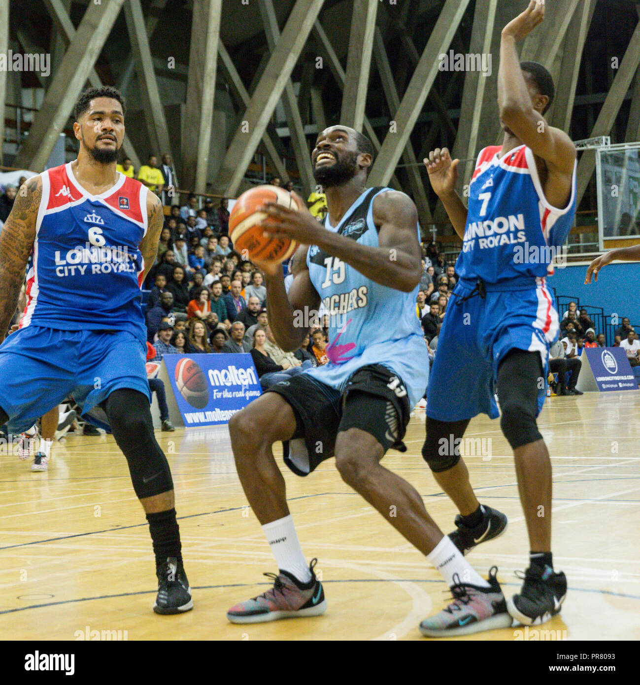 Crystal Palace, London, 29th Sep 2018. Surrey Captain Tayo Ogedengbe (15), breaks through the Royals defense.  New British Basketball League (BBL) team London City Royals win their debut home game 91:85 v Surrey Scorchers at the National Sports Centre in Crystal Palace, Southeast London. Credit: Imageplotter News and Sports/Alamy Live News Stock Photo