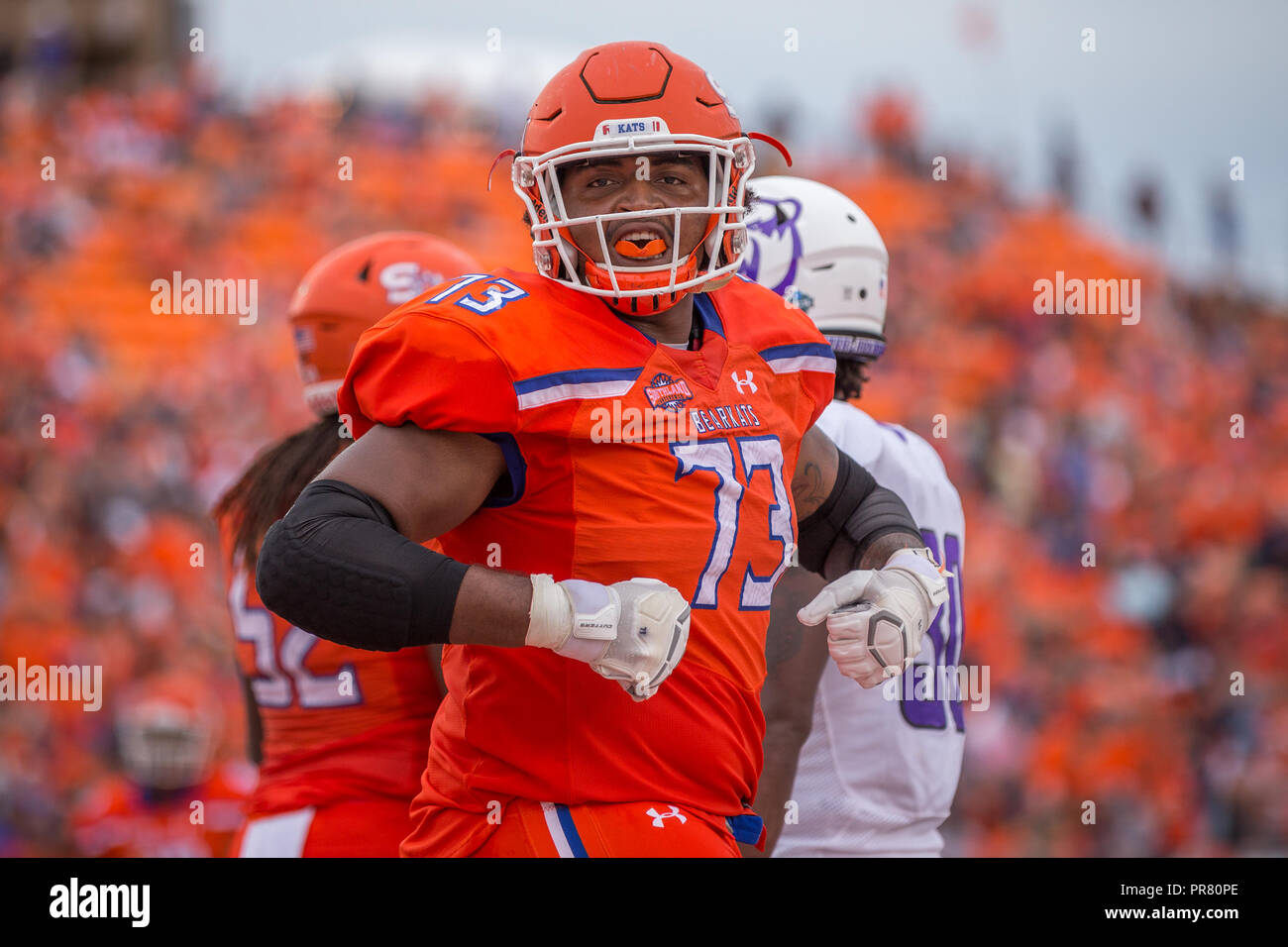 Overtime. 29th Sep, 2018. Sam Houston State Bearkats offensive lineman Ty  Barrett (73) flexes as he celebrates his team's touchdown in the second  quarter during the NCAA football game between the Central, image size:1300x956