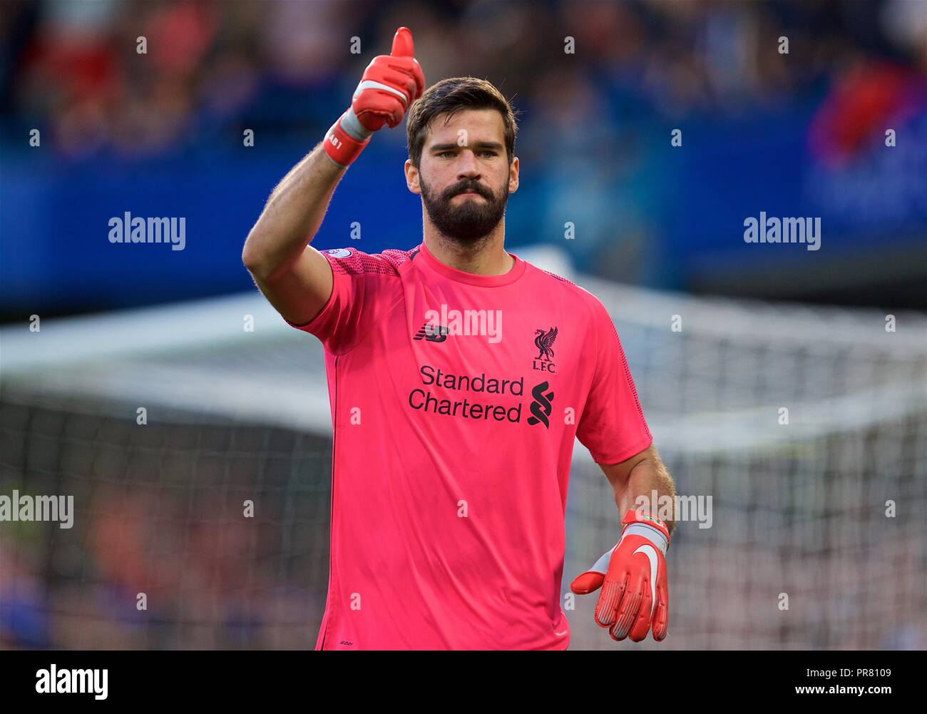 Liverpool. 30th Sep, 2018. Liverpool's goalkeeper Alisson gestures ...