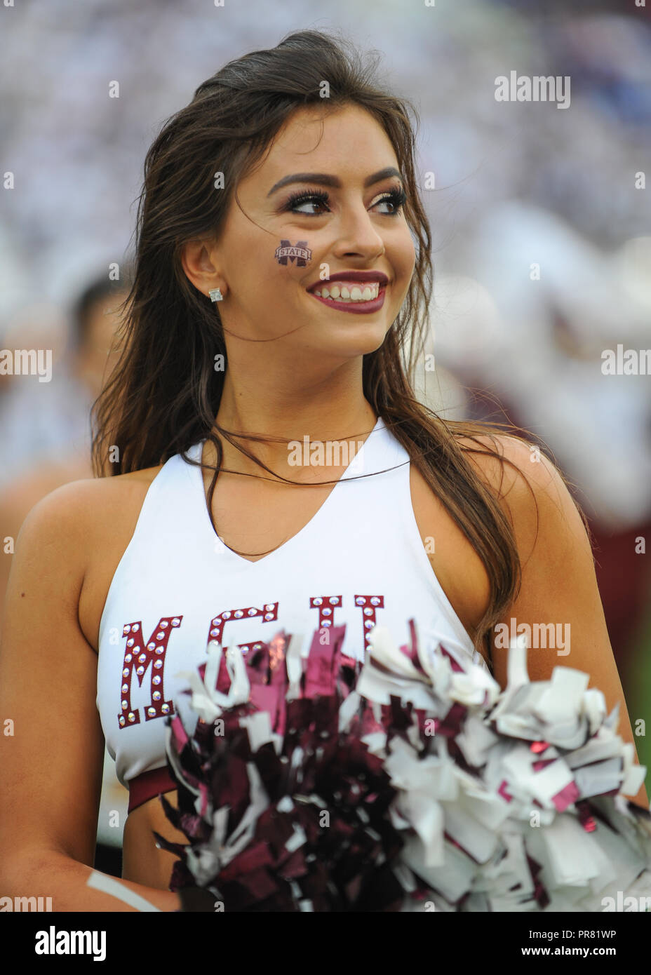 Starkville, MS, USA. 29th Sep, 2018. An MSU cheerleader during NCAA football action at Davis Wade Stadium in Starkville, MS. Florida defeated Mississippi State, 13-6. Kevin Langley/CSM/Alamy Live News Stock Photo