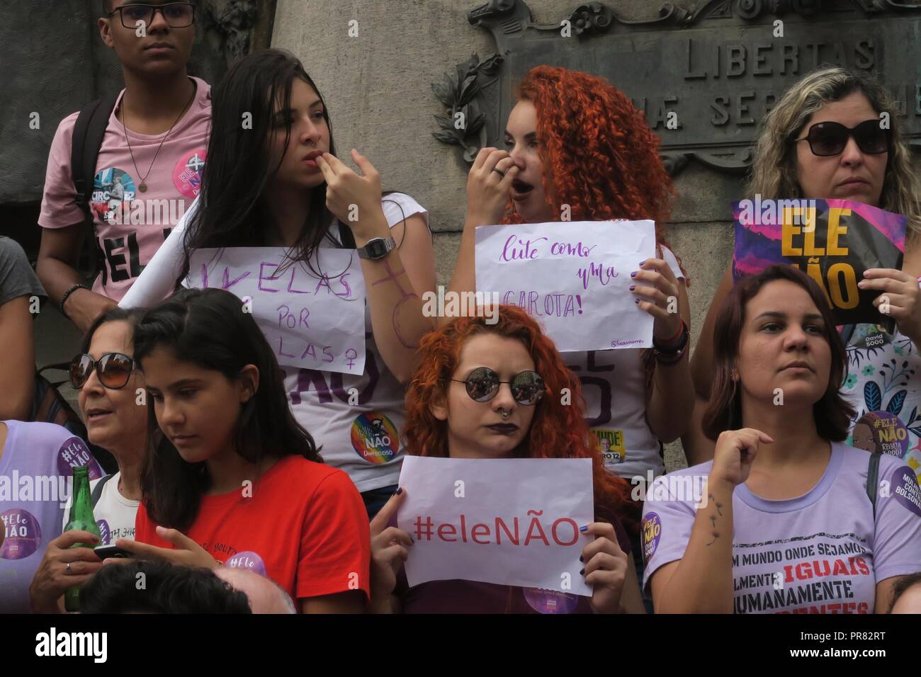 Rio de Janeiro, Brazil, September 29th 2018. Demonstration against right-wing presidential candidate Jair Bolsonaro in Rio de Janeiro, one of many nationwide protests today. A campaign named #EleNao (#NotHim) was initiated in social media by women against Bolsonaro's misogynist, racist and homophobic remarks. Credit: Maria Adelaide Silva/Alamy Live News Stock Photo