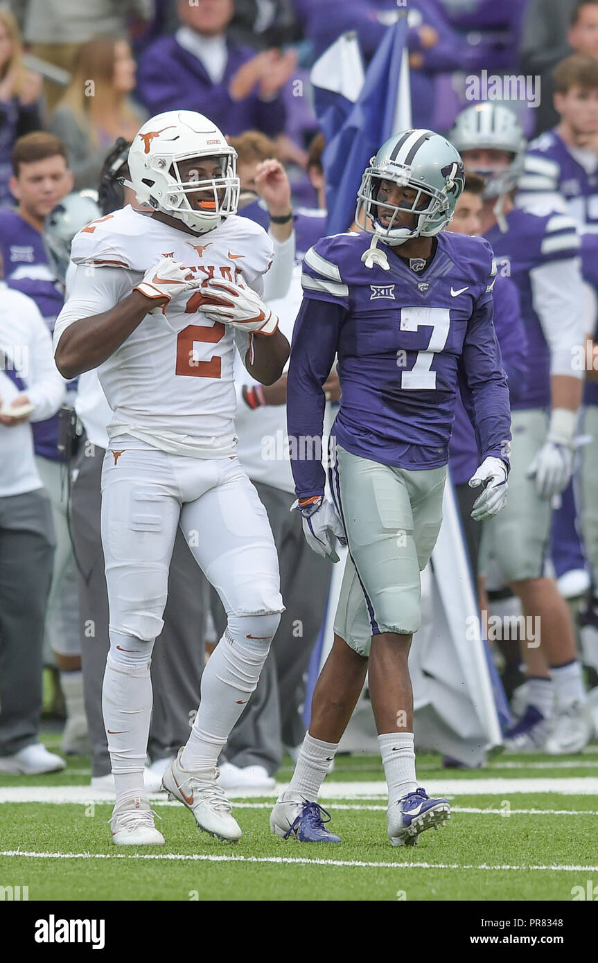 Manhattan, Kansas, USA. 29th Sep, 2018. Kansas State Wildcats wide receiver Isaiah Zuber (7) jaws with Texas Longhorns defensive back Kris Boyd (2) in the second half during the NCAA Football Game between the Texas Longhorns and the Kansas State Wildcats at Bill Snyder Family Stadium in Manhattan, Kansas. Kendall Shaw/CSM/Alamy Live News Credit: Cal Sport Media/Alamy Live News Stock Photo