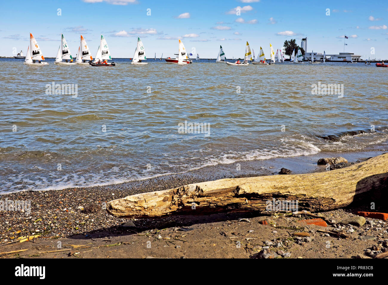 Cleveland, Ohio, USA.  29th Sept, 2018.  The 2018 U.S. sailing team racing championship is held in a harbor off Lake Erie in Cleveland, Ohio, USA from September 28-30, 2018.  The first time it is held in the midwest, it is one of eight U.S. sailing adult championships and one of the most prestigious.  The team racing event cometes for the George R. Himan Tropy and the chancer to enter the 2019 World Sailing Team Championships. Credit: Mark Kanning/Alamy Live News Stock Photo
