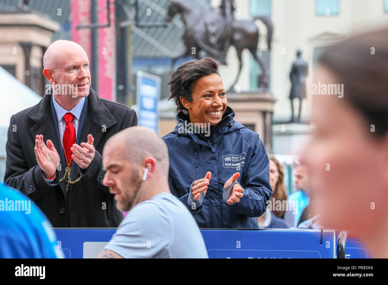 Glasgow, UK. 30th Sept 2018. Thousands of runners turned out to take part in the annual Great Scottish Run, running either 10k or half marathon, through the Glasgow city centre, across the Kingston Bridge over the River Clyde and finishing at Glasgow Green. The runners were cheered off by Colonel Dame Kelly Holmes who was this years Ambassador for the Run Credit: Findlay/Alamy Live News Stock Photo