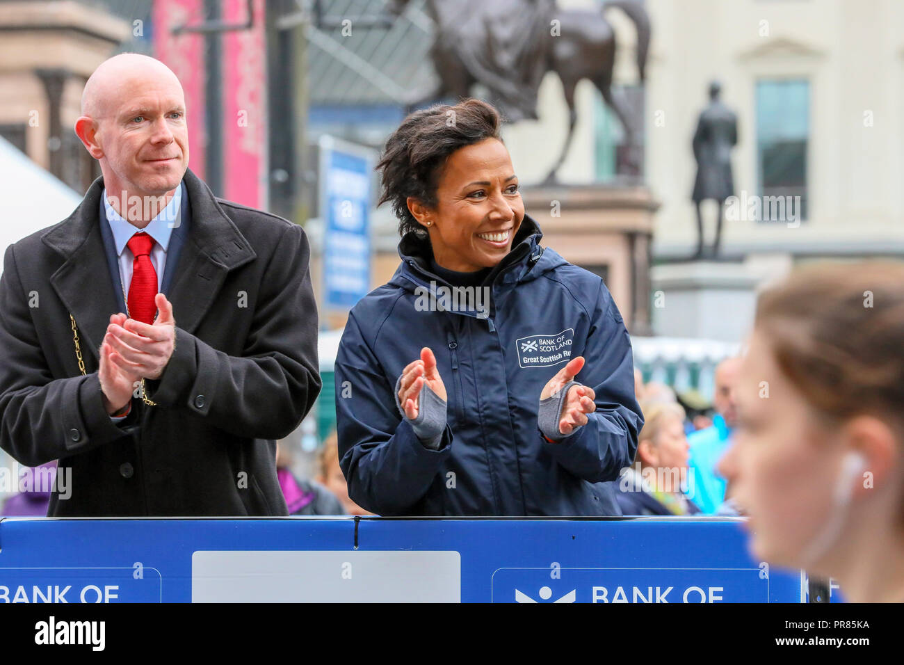 Glasgow, UK. 30th Sept 2018. Thousands of runners turned out to take part in the annual Great Scottish Run, running either 10k or half marathon, through the Glasgow city centre, across the Kingston Bridge over the River Clyde and finishing at Glasgow Green. The runners were cheered off by Colonel Dame Kelly Holmes who was this years Ambassador for the Run Credit: Findlay/Alamy Live News Stock Photo