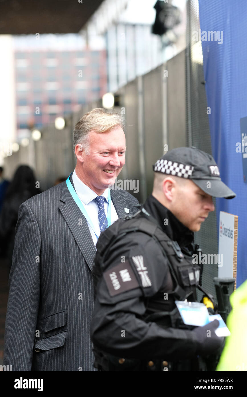 Birmingham, UK - 30th Sept 2018. Conservative MP Bill Wiggin ( North Herefordshire ) arrives amid the high security on the first day of the Conservative Party Conference at the ICC in Birmingham  - Photo Steven May / Alamy Live News Stock Photo