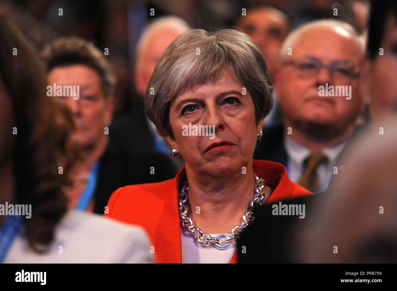 Birmingham, UK. 30th September, 2018.  Theresa May MP, Prime Minister and Leader of the Conservative Party, listening to opening speeches to conference on the first session of the first day of the Conservative Party annual conference at the ICC.  Kevin Hayes/Alamy Live News Stock Photo