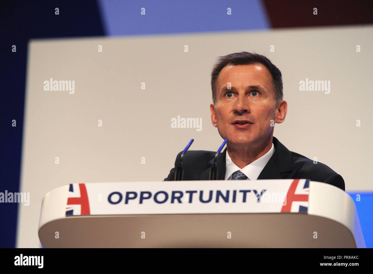 Birmingham, UK. 30th September, 2018.  Jeremy Hunt MP, Secretary of State for Foreign and Commonwealth Affairs, delivers his speech to conference on the opening session of the first day of the Conservative Party annual conference at the ICC.  Kevin Hayes/Alamy Live News Stock Photo