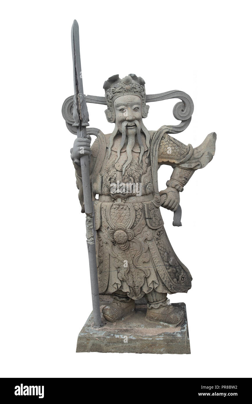 Old giant Chinese stone statue in antique armor from the past always find in Thai temple on white background. Stock Photo
