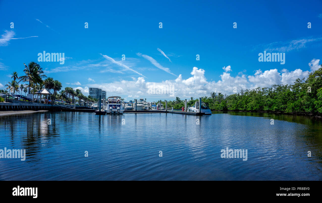 view of the power boats tender yachts in the canals of the marina in Dania Beach, Hollywood, Miami. Florida Stock Photo