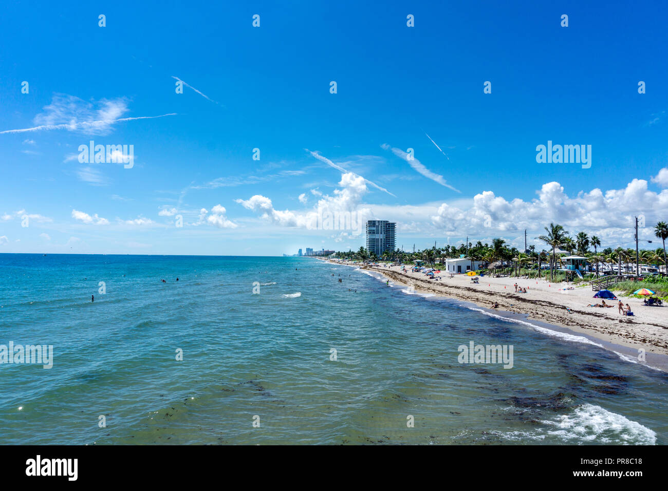 View of Dania beach in Hollywood, Florida. People enjoying their vacation and swimming in the beach in summer Stock Photo