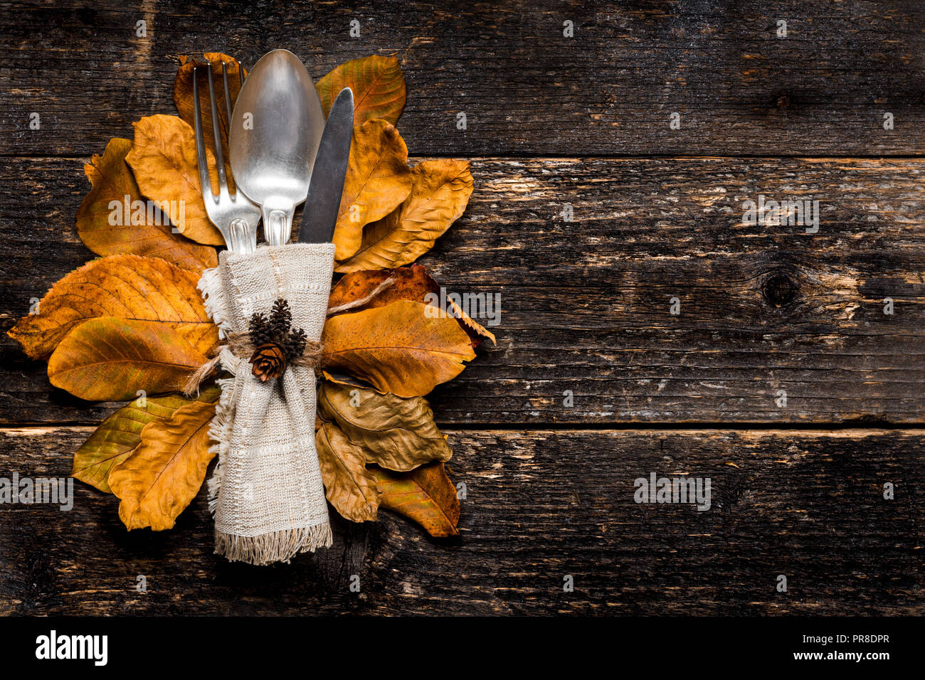 Thanksgiving Meal Setting. Seasonal table setting. Thanksgiving autumn place setting with cutlery and arrangement of colorful fall leaves. Stock Photo