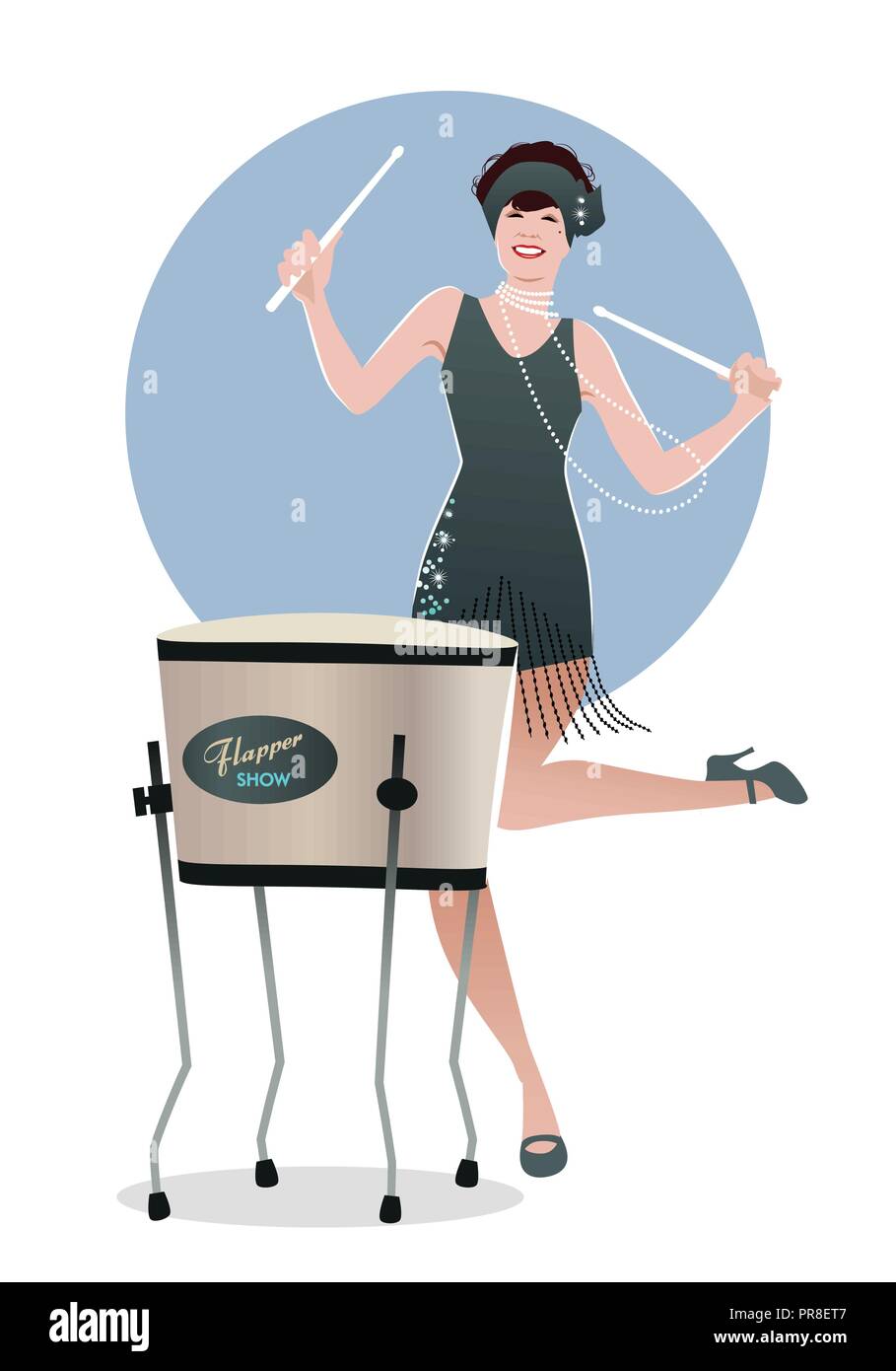 Flapper girl dressed in 1920s clothes, playing drum Stock Vector