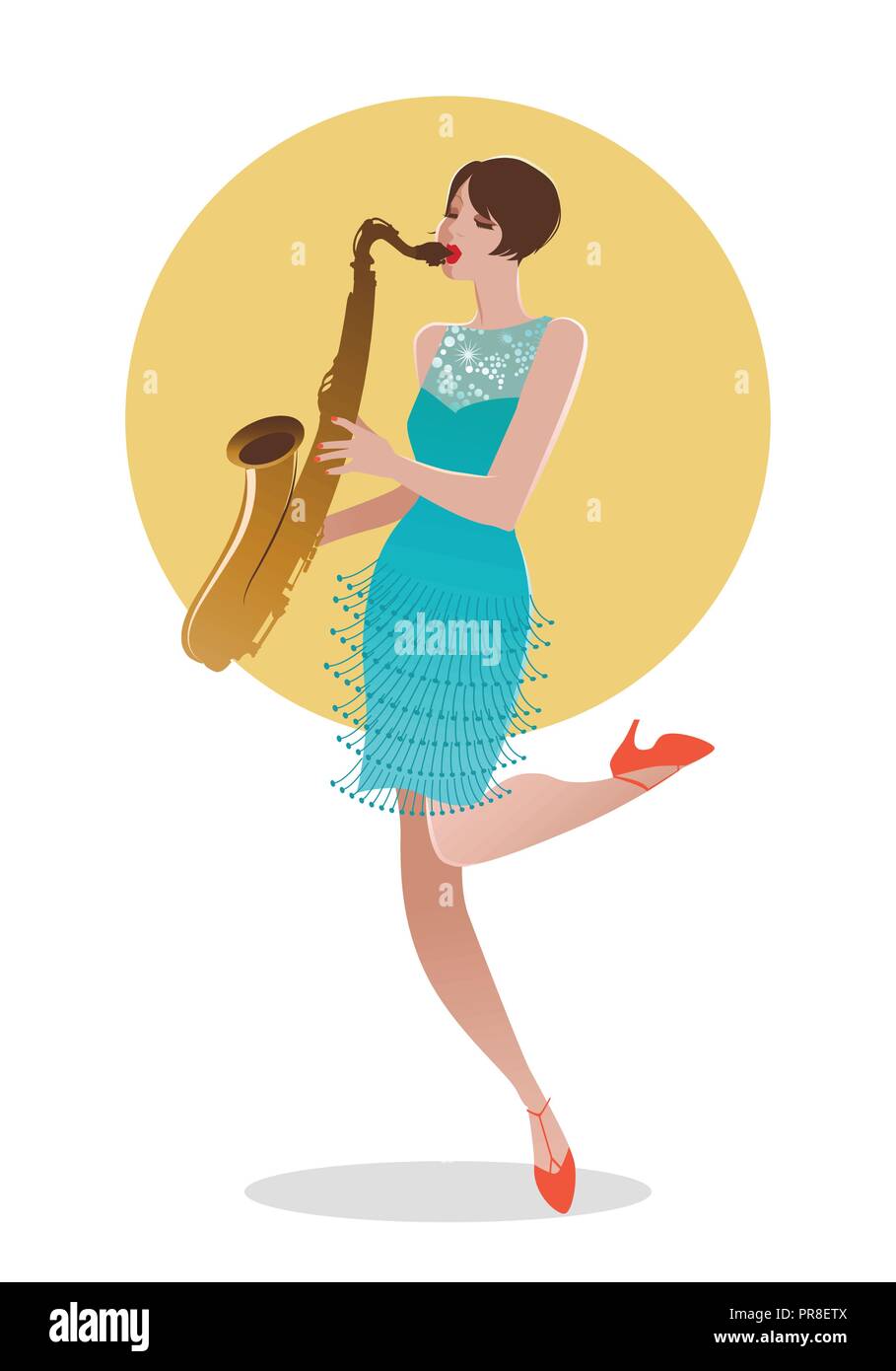 Flapper girl dressed in 1920s clothes, playing saxophone Stock Vector
