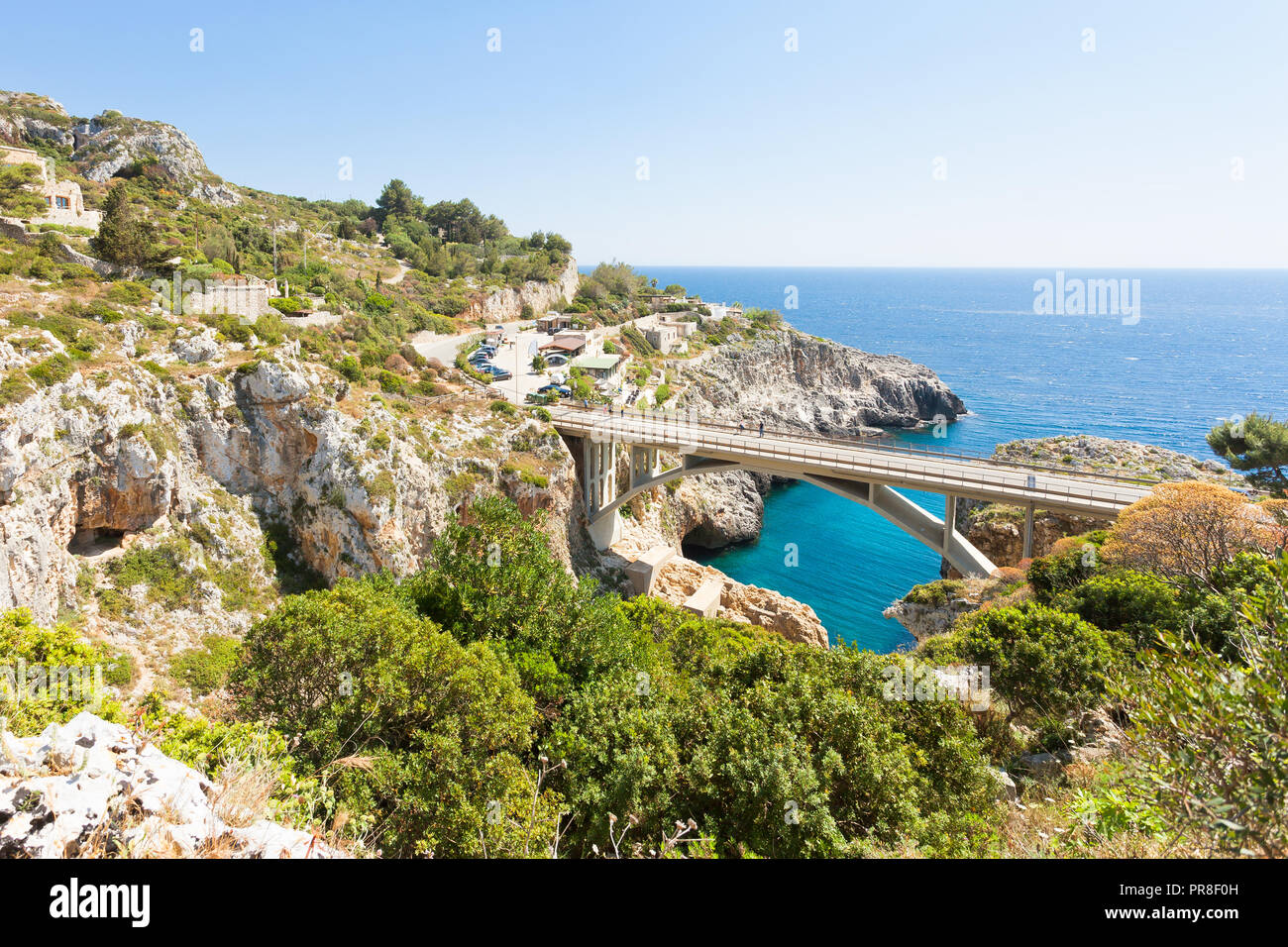 Apulia, Leuca, Italy, Grotto of Ciolo - Country road bridge of Grotto Ciolo Stock Photo