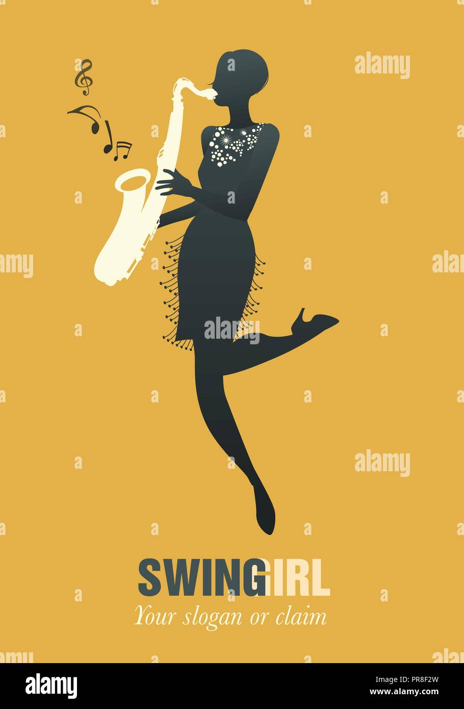 Flapper girl dressed in 1920s clothes, playing saxophone Stock Vector