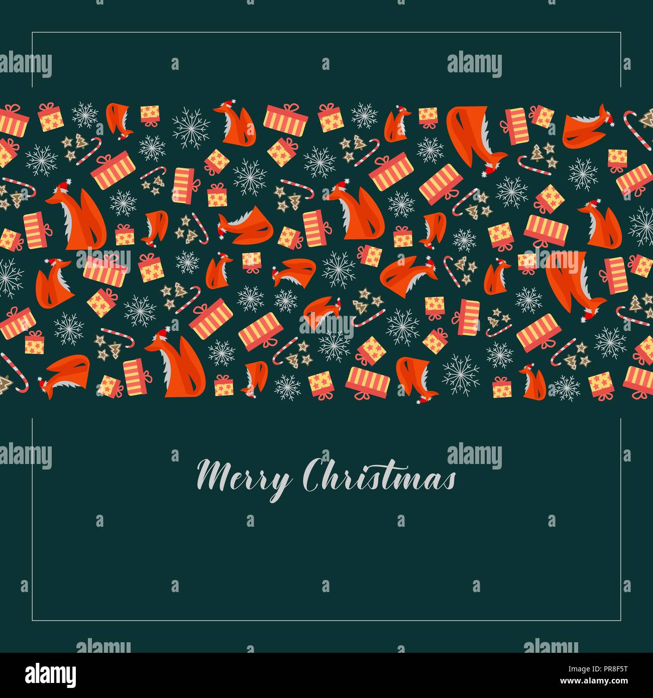 Vector christmas card with cute foxes on light background. Stock Vector