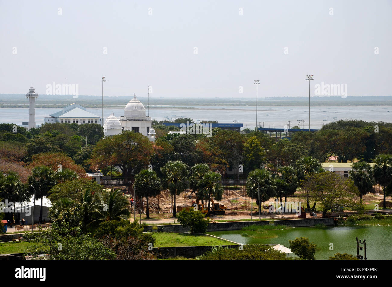 Aerial view of Jaffna city with white library building & sea and