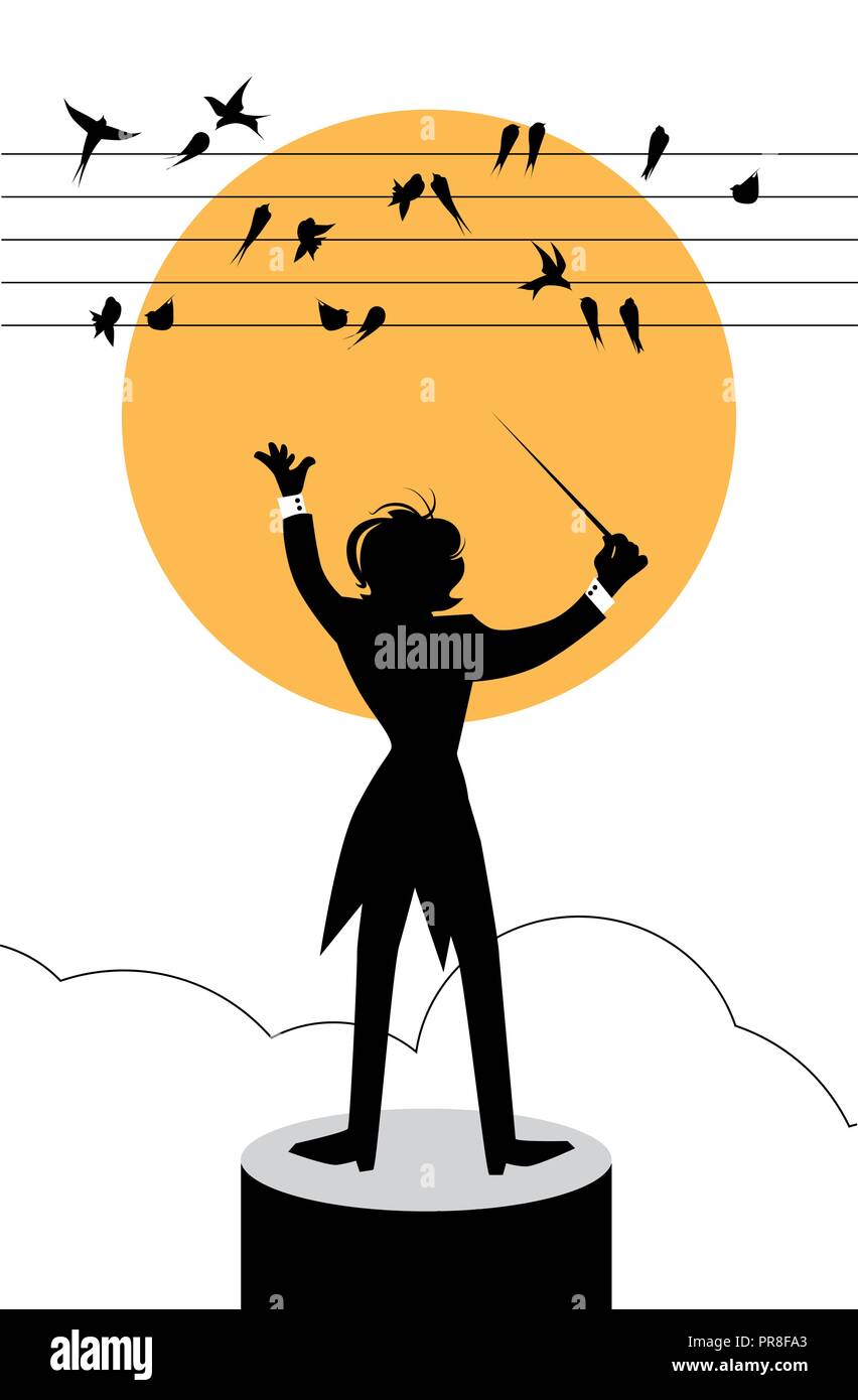 Swallows Symphony: conductor directing swallows on wires Stock Vector