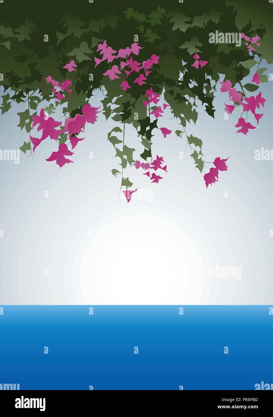 Bougainvillea flowers. View to the sea. Vector Illustration. Layered. Stock Vector