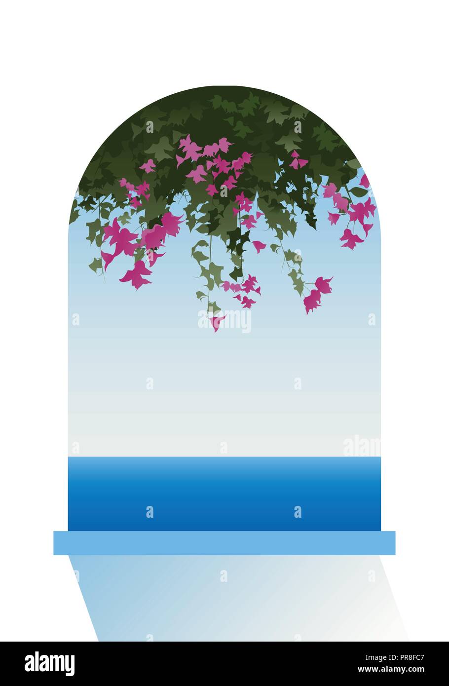 Bougainvillea flowers. Sea view through a window. Vector Illustration. Stock Vector