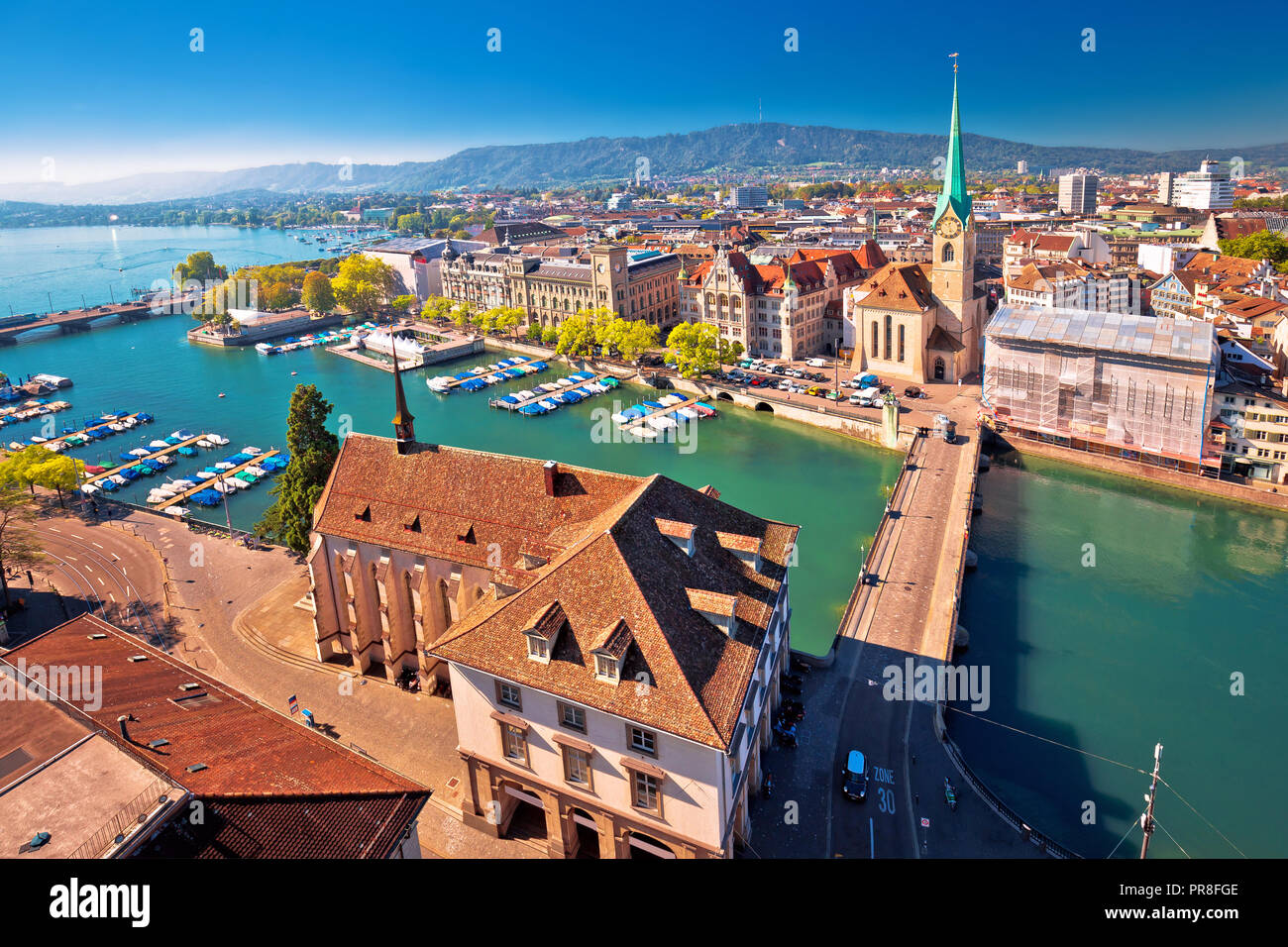 Zurich and Limmat river waterfront aerial view, largest city in