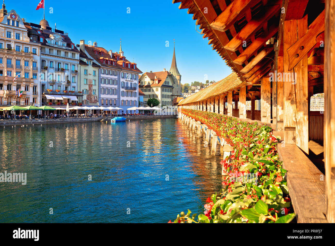 Luzern Chapel Bridge and waterfront landmarks view, town in central Switzerland Stock Photo